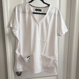 Koi White V-Neck Scrub Top with Pockets